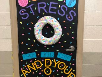 Door decorated in neon colors that says "Donut" stress, take your time, and do your best, with a donut theme.